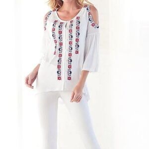 NYGARD White Cold Shoulder Peasant Embroidered Boho Top Plus Size 1X NEW NWT